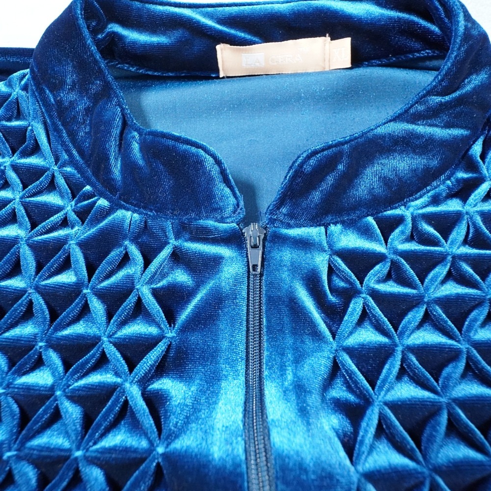 La Cera Womens Velour Bathrobe XL Blue Nightgown Kaftan Smocked Pockets Cozy - Picture 3 of 14